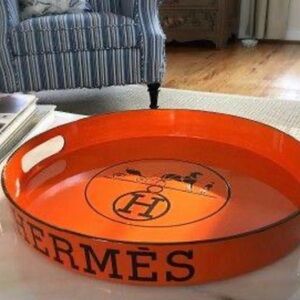 Vintage orange equestrian Hermes round tray 15”x2”